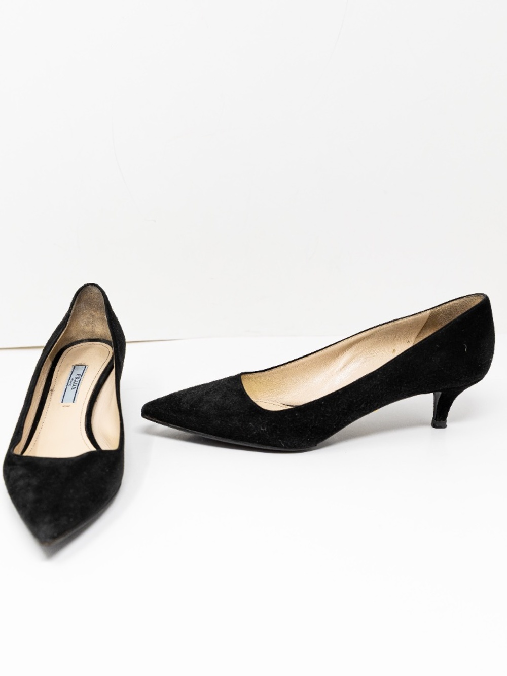 Prada Women's Made In Italy Genuine Suede Pointed Toe Kitten Heel Shoes Black 7